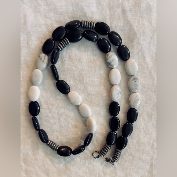 Handmade Onyx & Howlite with Sterling Silver Beads Necklace 22”L
